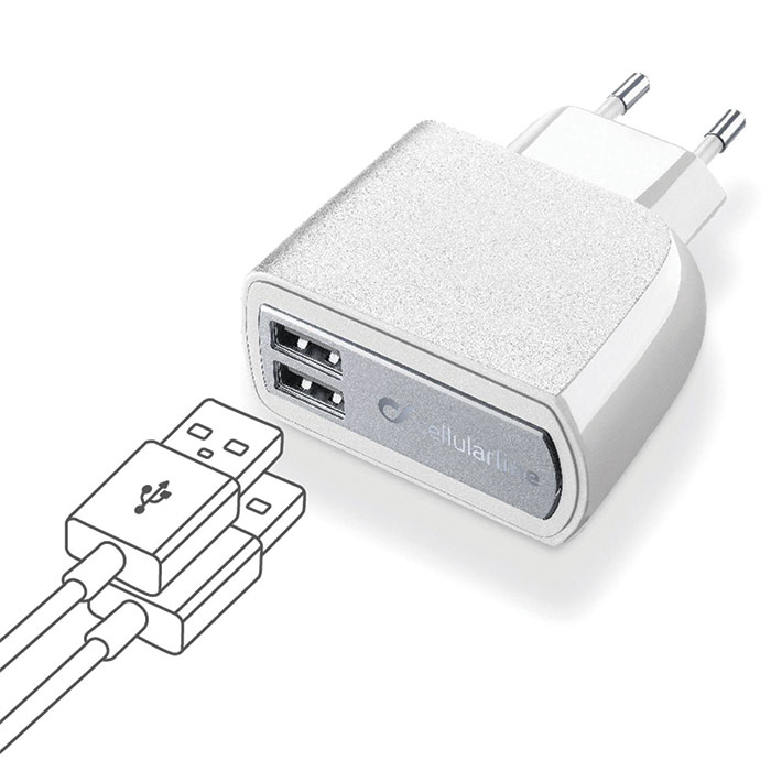 Cellularline 220v USB adapter 2 udgange Mobilholdere, USB og cigaretstik Industri Kemi ApS