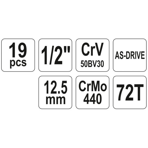 YATO Topn&oslash;gles&aelig;t YT-38681, 1/2", 19 Dele, 8-32 mm